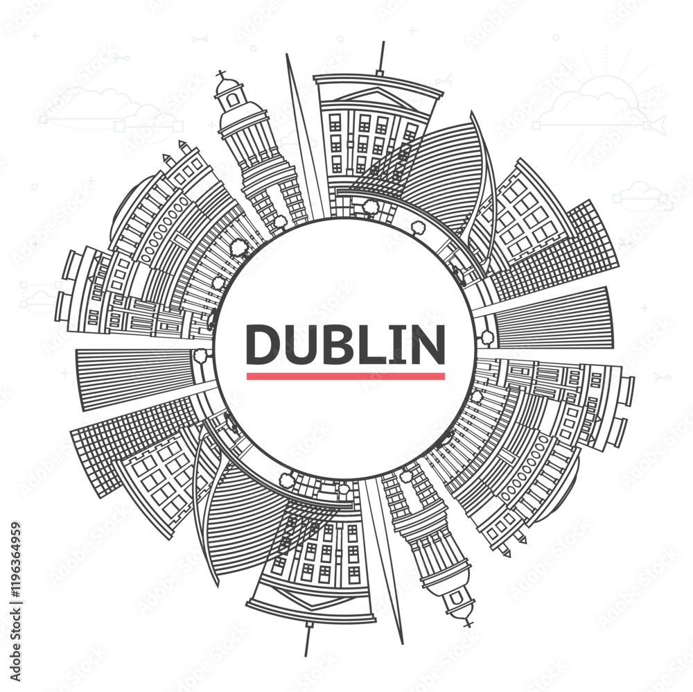 Fototapeta premium Outline Dublin Ireland City Skyline with Historic Buildings and copy space Isolated on White. Dublin Cityscape with Landmarks.