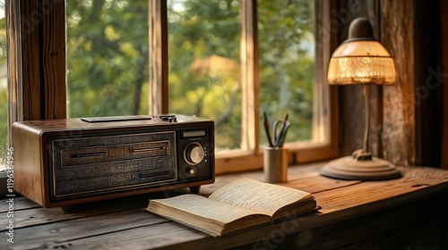 Obraz na płótnie A vintage radio with a worn journal on a wooden desk by the window w salonie