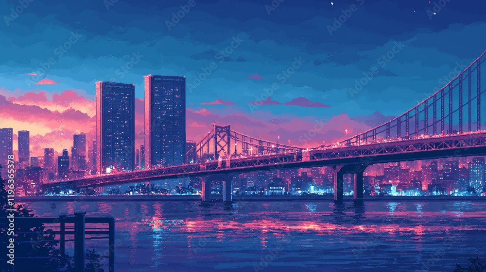 Fototapeta premium 未来都市の夕景｜ピクセルアートで描かれた夜のシティスケープ