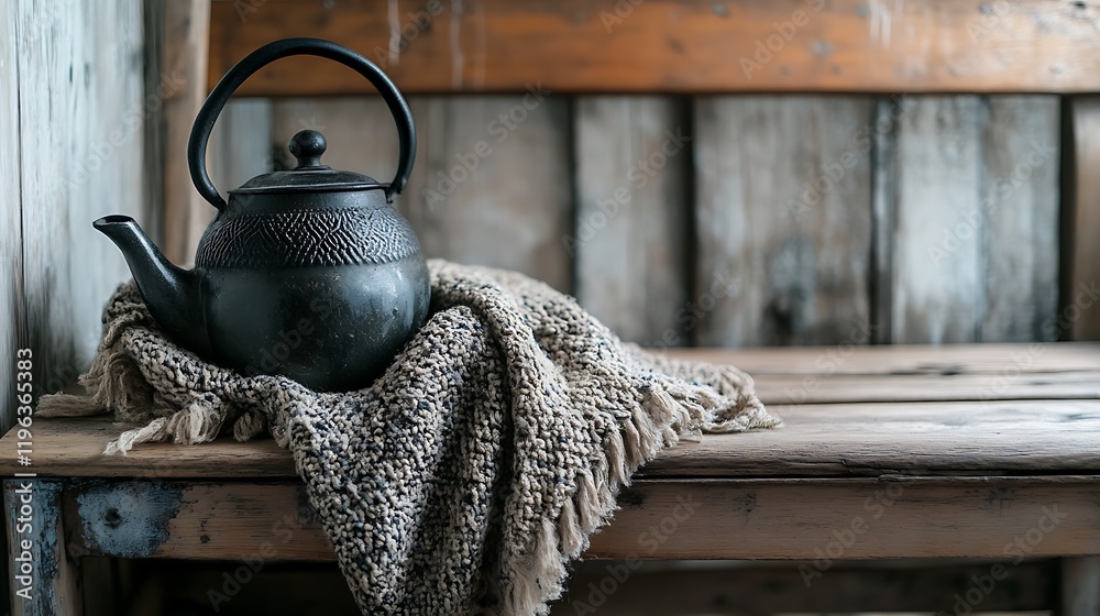 A vintage teapot with a soft blanket on a wooden bench in a quiet room
