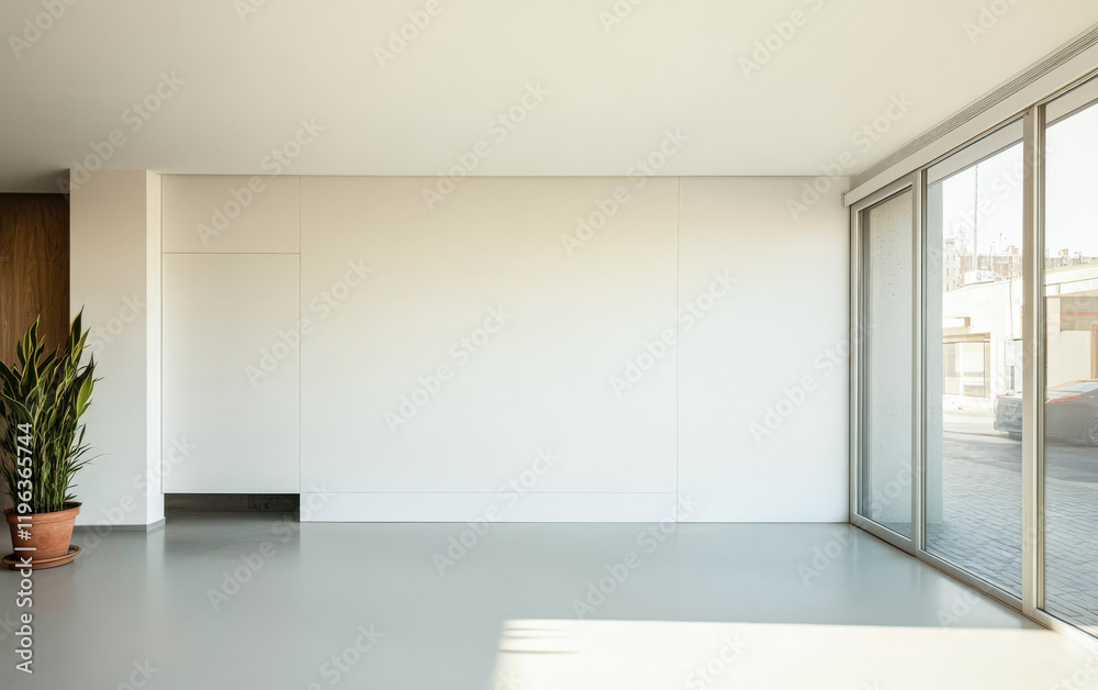 Fototapeta premium Modern interior with large windows and minimalistic design in a bright space