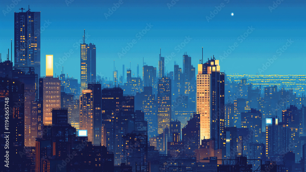 Obraz premium 夕焼けと高層ビル群｜ピクセルアートの幻想的な都市夜景