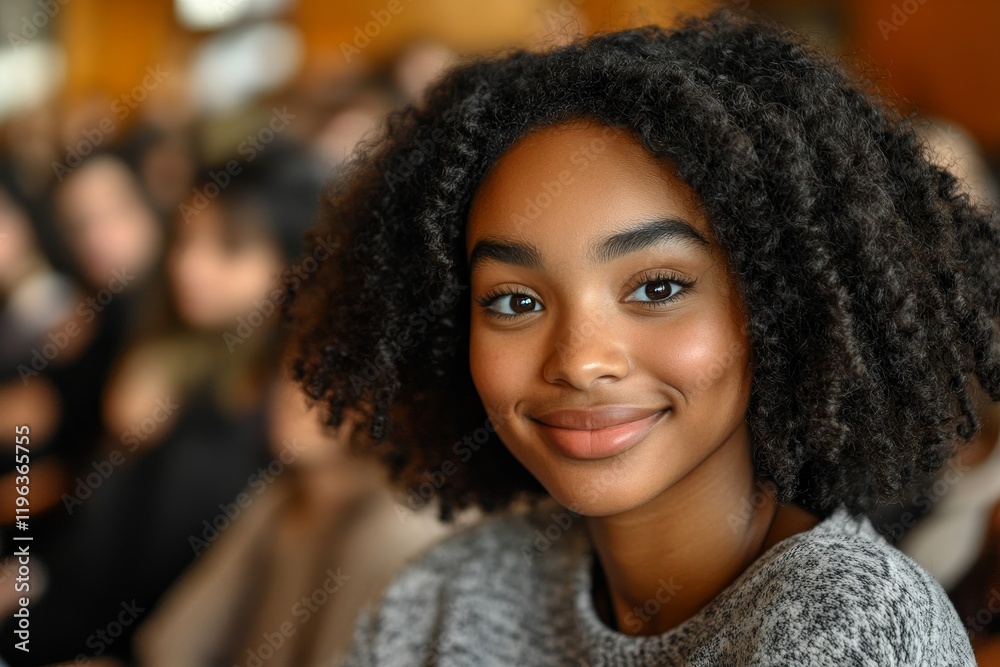 Happy black females student during class in lecture hall looking at camera. Generative AI
