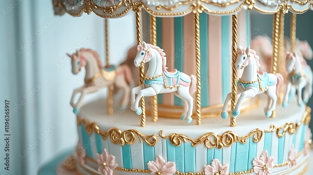 A whimsical carousel cake with edible horses and striped details