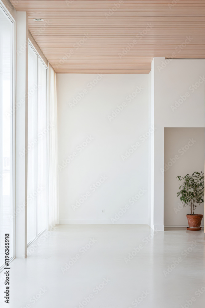 Fototapeta premium Bright and minimalist interior space with large windows and a potted plant