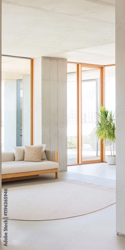 Fototapeta premium Modern minimalist interior design featuring natural light and greenery in a spacious living area