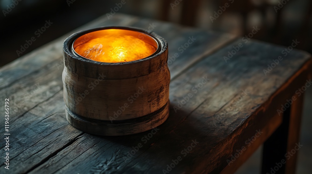 A wooden can ewith a glowing stone on an old oak table