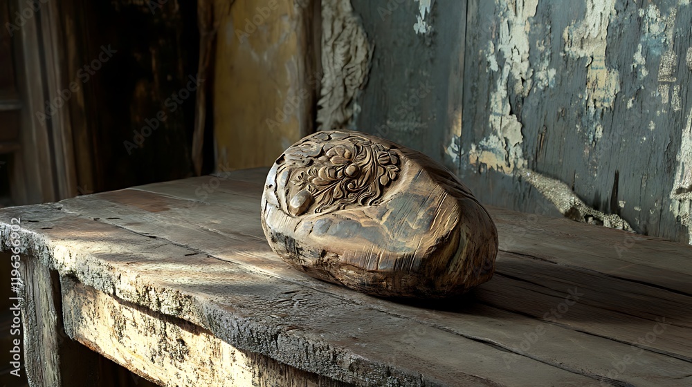A wooden carving with a polished stone on a wooden table in a forgotten house