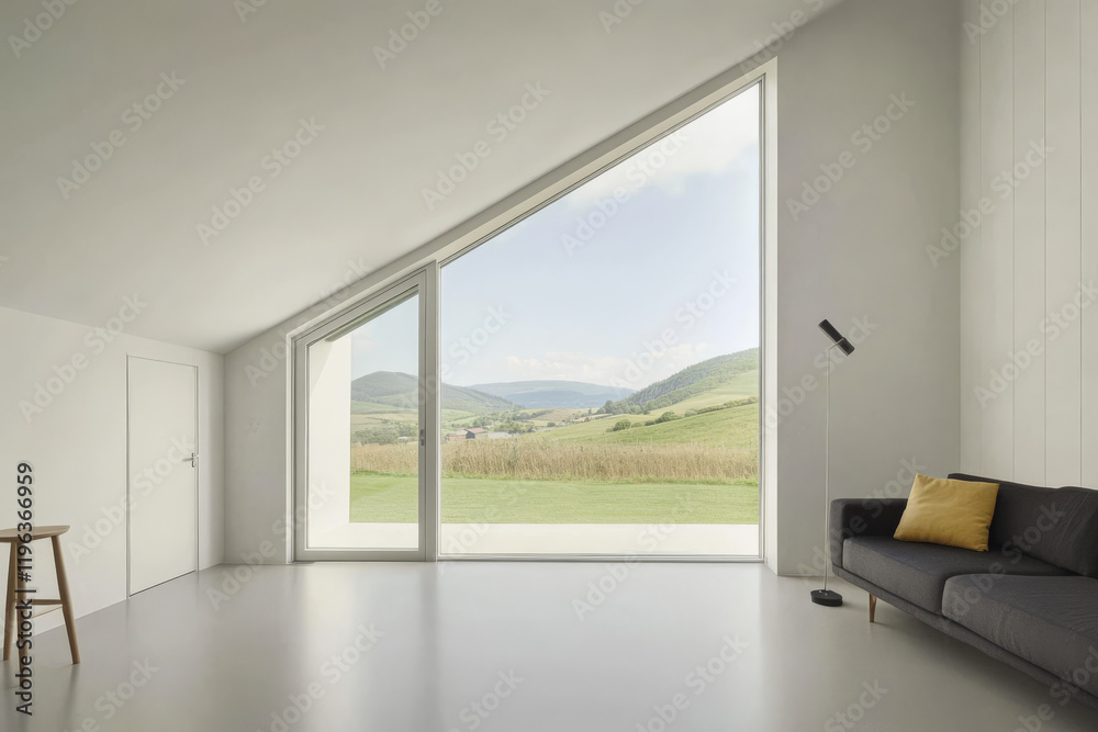 Fototapeta premium Modern living room with scenic hillside view through large angled windows