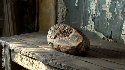 Obraz na płótnie A wooden carving with a polished stone on a wooden table in a forgotten house w salonie