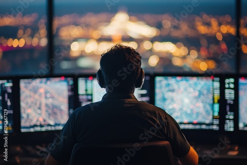 Urgent focus of air traffic controller overseeing air traffic operations at night digital displays illuminated urban skyline in background