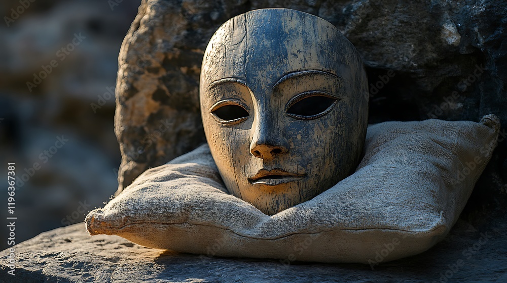 A wooden mask with a soft pillow on a forgotten stone table