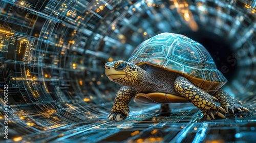 A futuristic turtle navigating through a digital tunnel of light and data.