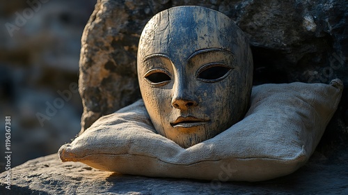 Obraz na płótnie A wooden mask with a soft pillow on a forgotten stone table w salonie