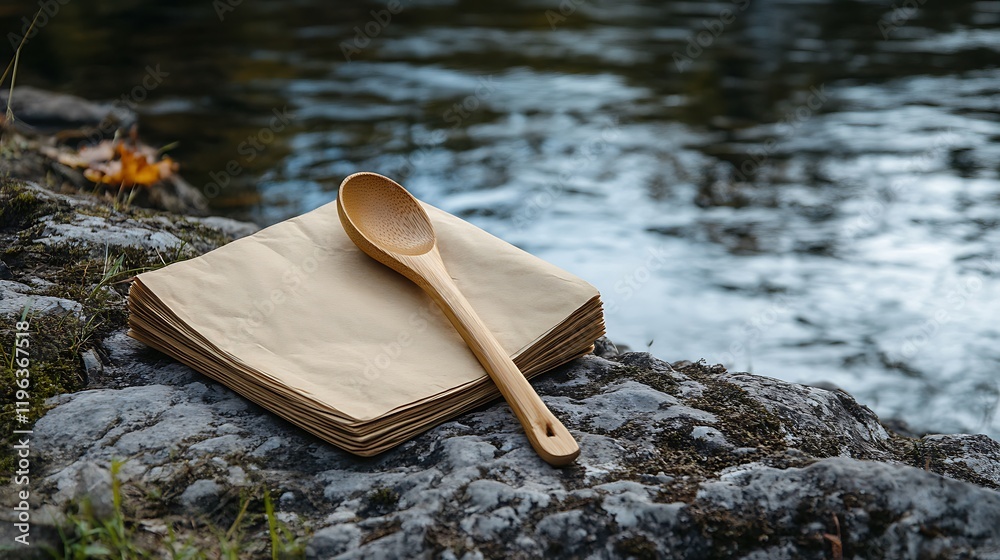 A wooden spoon with a cookbook on the shore of a calm river