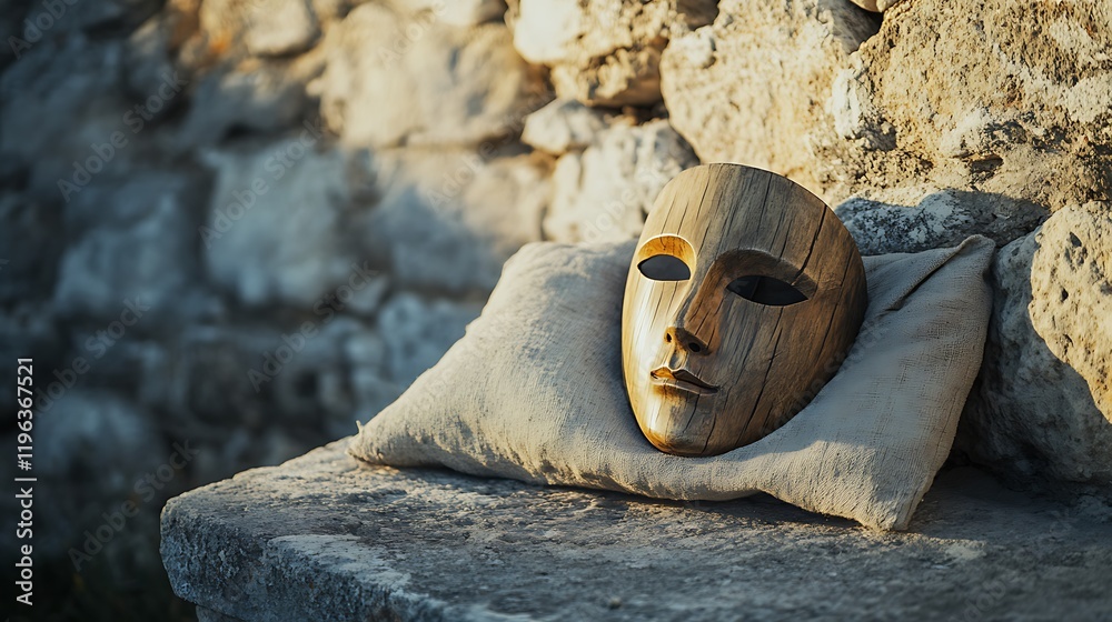 A wooden mask with a soft pillow on a forgotten stone table