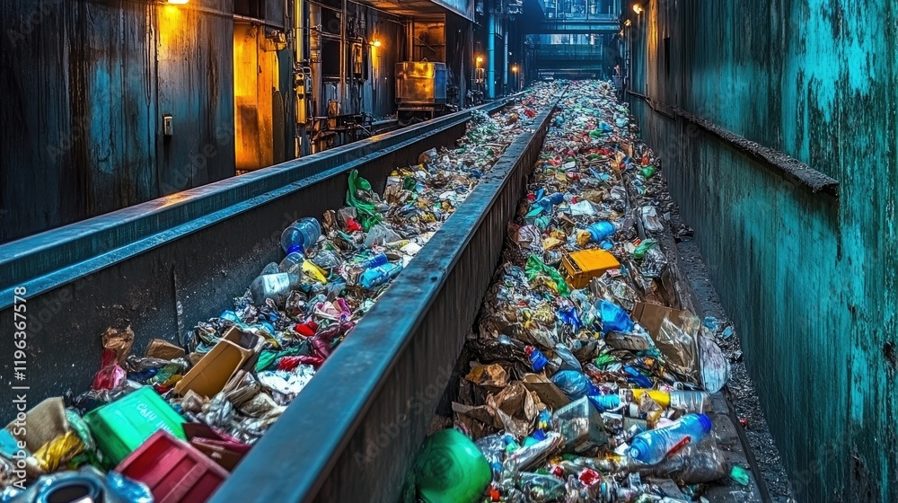 Obraz premium Industrial waste sorting conveyor belt with plastic bottles, cardboard, and other garbage.