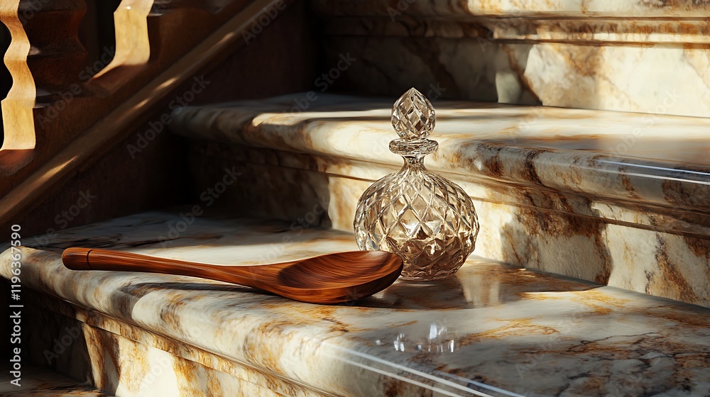 A wooden spoon with a crystal vase on the marble steps of a royal hall