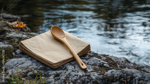Obraz na płótnie A wooden spoon with a cookbook on the shore of a calm river w salonie