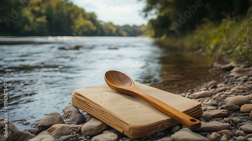 Obraz na płótnie A wooden spoon with a cookbook on the shore of a calm river w salonie
