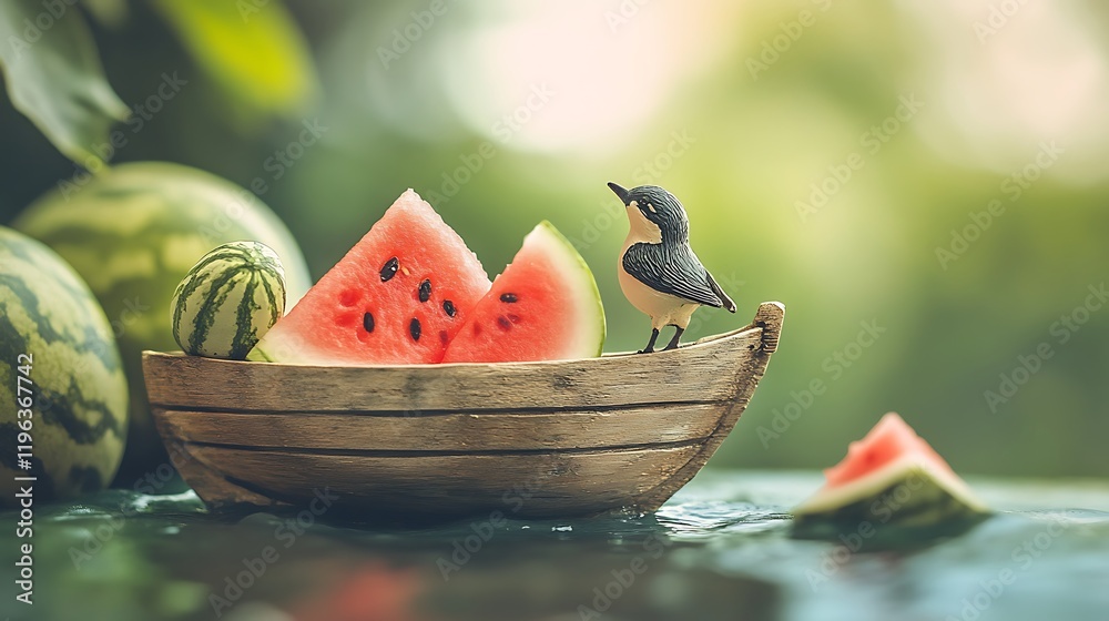 A wooden toy boat with a bird and watermelon