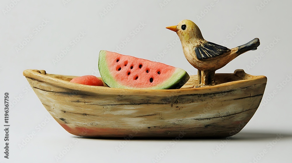 A wooden toy boat with a bird and watermelon