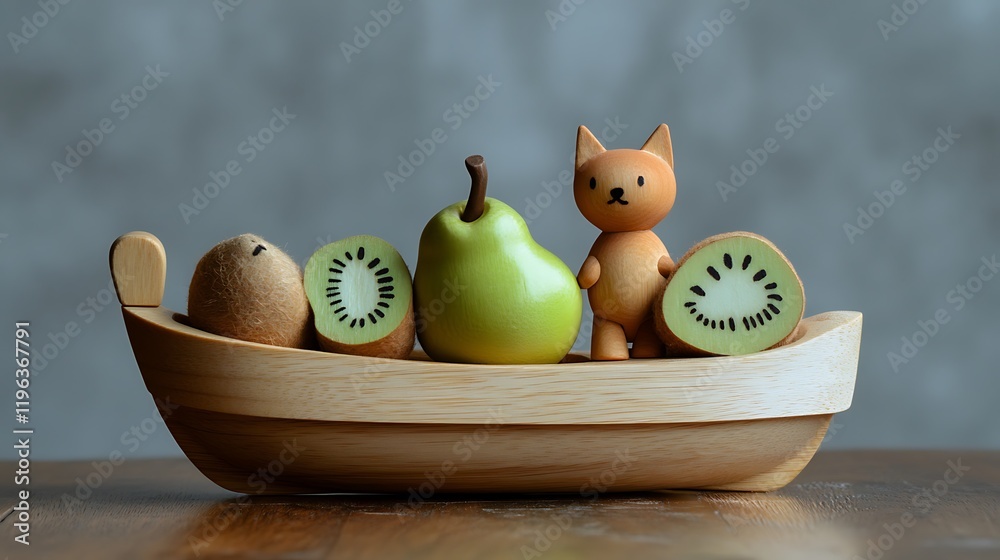 A wooden toy boat with a cat and kiwis