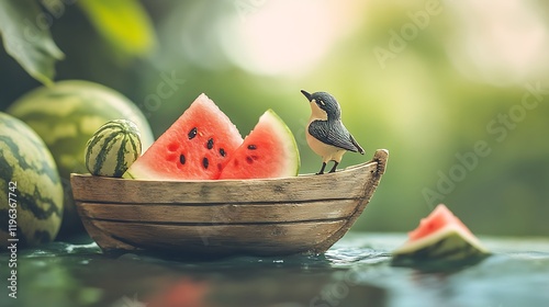 Obraz na płótnie A wooden toy boat with a bird and watermelon w salonie