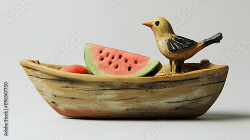 Obraz na płótnie A wooden toy boat with a bird and watermelon w salonie