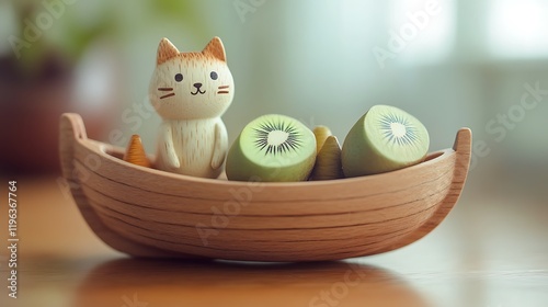 Obraz na płótnie A wooden toy boat with a cat and kiwis w salonie