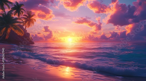 Sunset on the Beach, Stunning Beauty A breathtaking beach landscape loop animation featuring a sunset over the ocean 