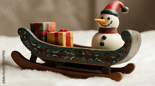 Obraz na płótnie A wooden toy sleigh with tiny presents resting beside a snowman w salonie