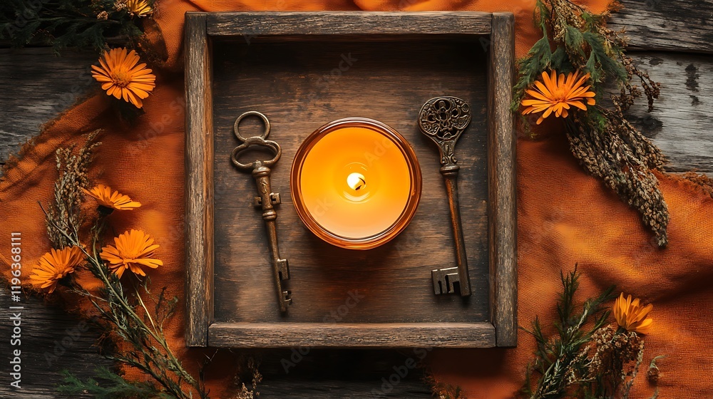 A wooden tray with a candle and a vintage key surrounded by a burnt orange backdrop