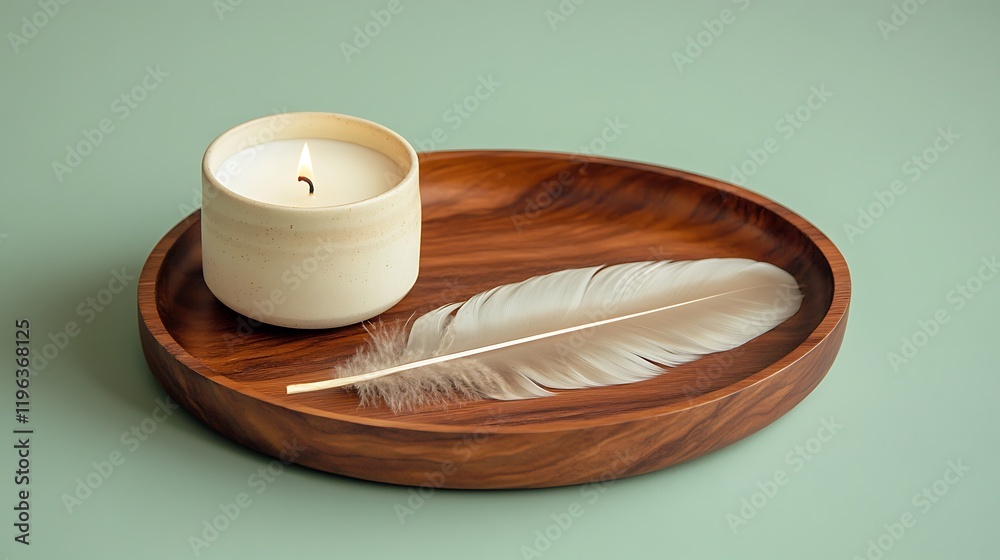 A wooden tray with a feather and a candle set on a soft green background