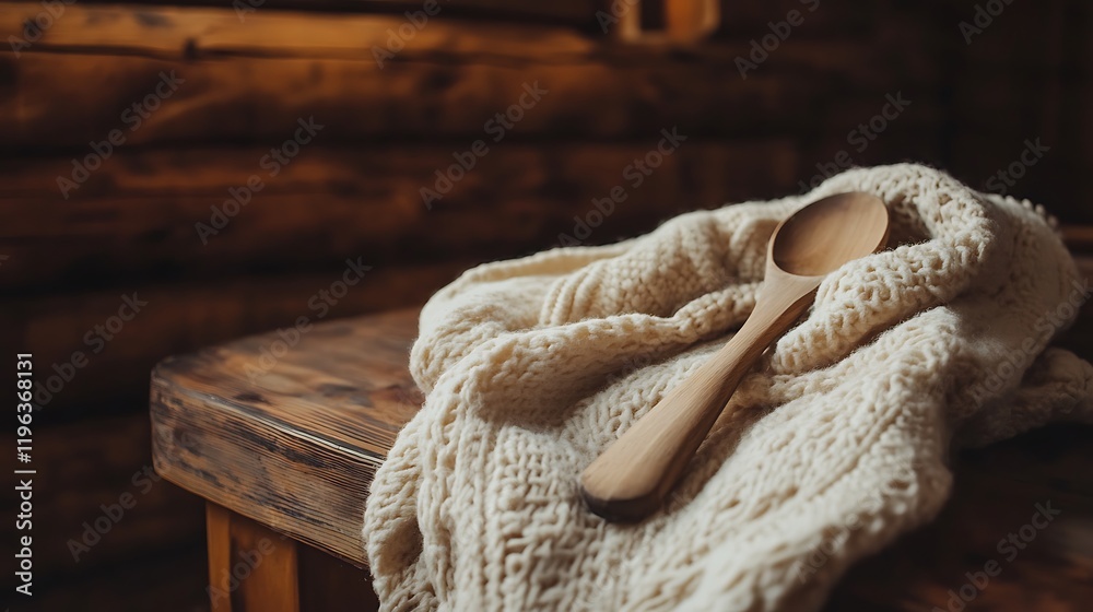A woolen scarf with a wooden spoon on the edge of a wooden table in a cabin