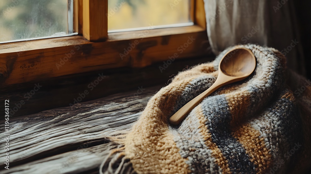 A woolen scarf with a wooden spoon on the edge of a wooden table in a cabin