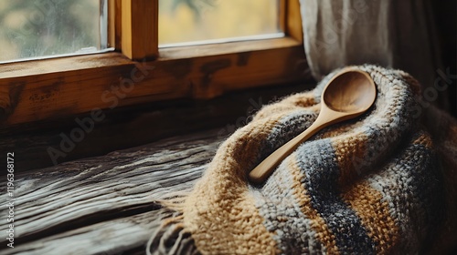 Obraz na płótnie A woolen scarf with a wooden spoon on the edge of a wooden table in a cabin w salonie