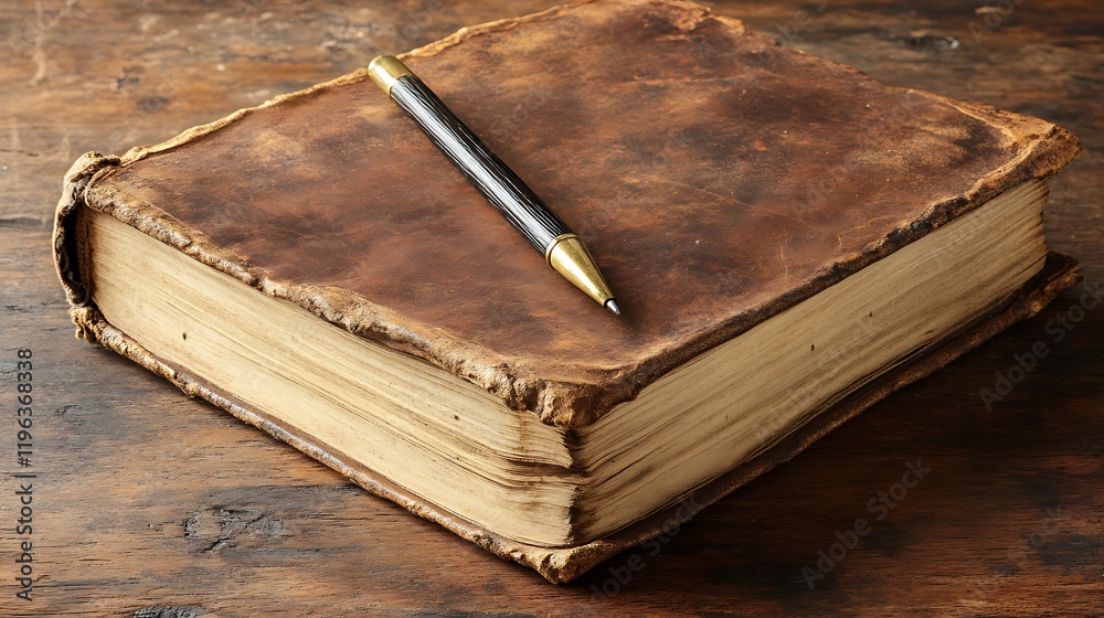 A worn journal with an ink pen on a grand wooden desk