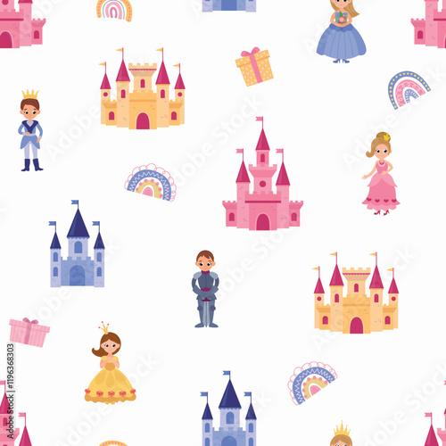 Seamless pattern with princesses, knights and castles. Design for fabric, textile, wallpaper, packaging
 photo