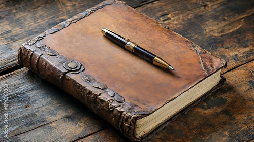 Obraz na płótnie A worn journal with an ink pen on a grand wooden desk w salonie