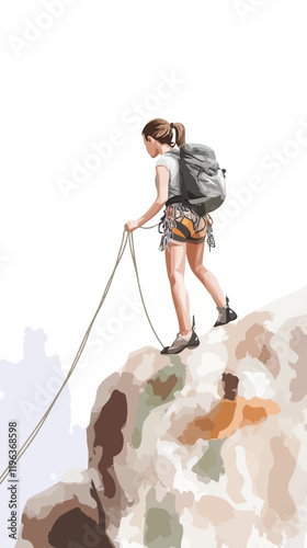 Female Adventurer Rappelling Down Mountain in Watercolor Minimalist Vector Art