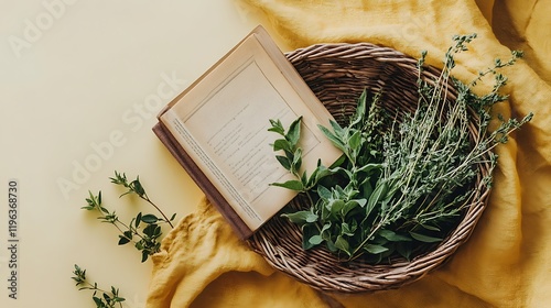 A woven basket with freshly picked herbs and a small book placed on a pale yellow background