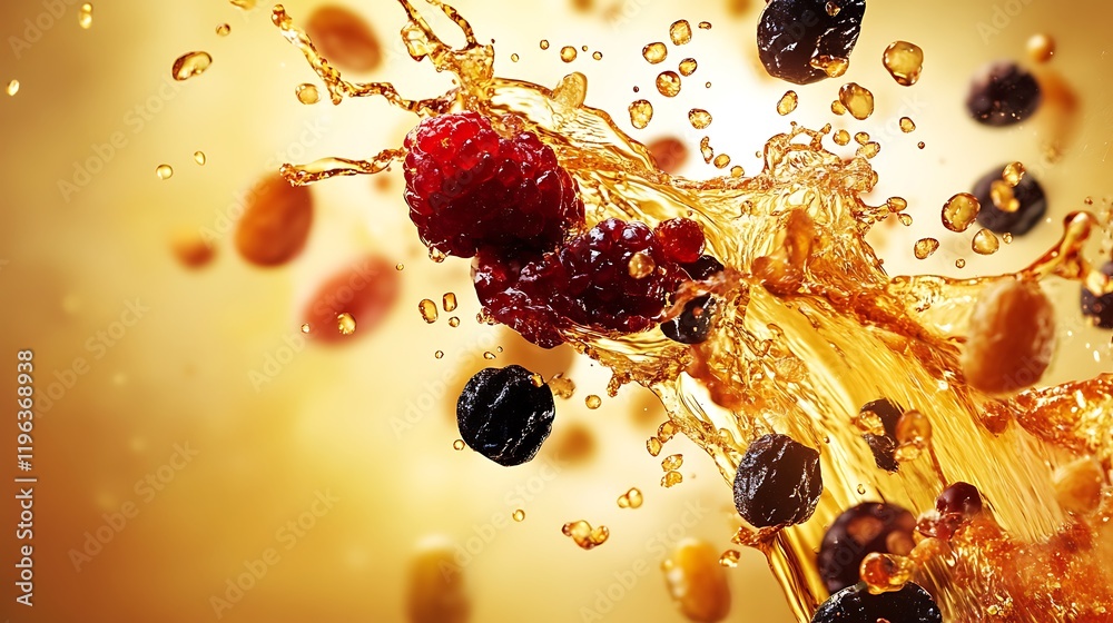 Abstract splash of dry fruit shapes with dynamic motion effects