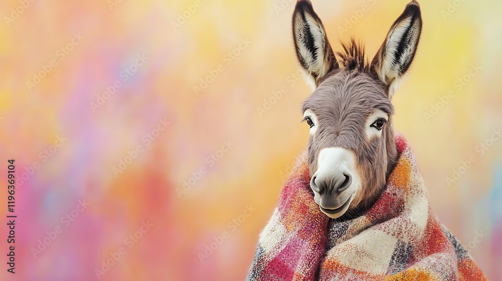 Adorable donkey in a soft checkered shawl isolated on a colorful background