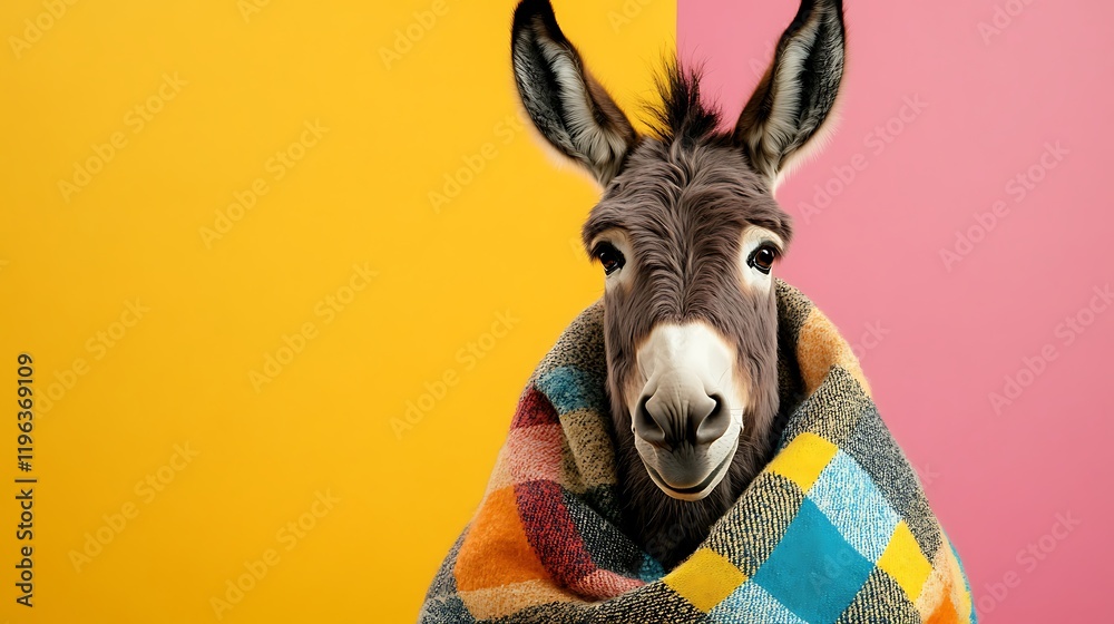 Adorable donkey in a soft checkered shawl isolated on a colorful background