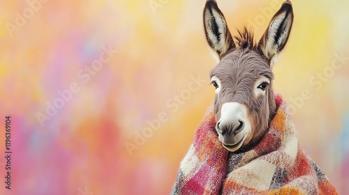 Obraz na płótnie Adorable donkey in a soft checkered shawl isolated on a colorful background w salonie