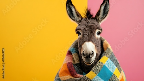 Obraz na płótnie Adorable donkey in a soft checkered shawl isolated on a colorful background w salonie