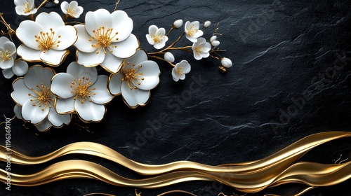 Elegant white flowers gold ribbon dark stone photo