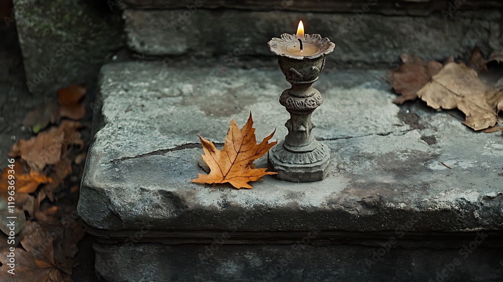 An antique temple stone steps with a carved candlestick with a dried leaf