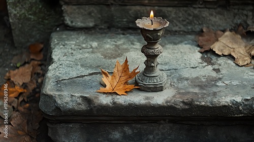 Obraz na płótnie An antique temple stone steps with a carved candlestick with a dried leaf w salonie